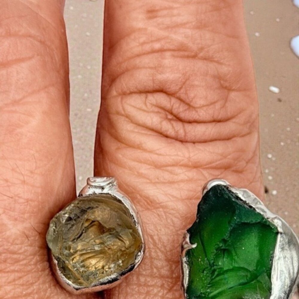 Sea Glass Balance Ring With Upcycled Silver Spoon Band Artisan Crafted Adjust. - Picture 9 of 14